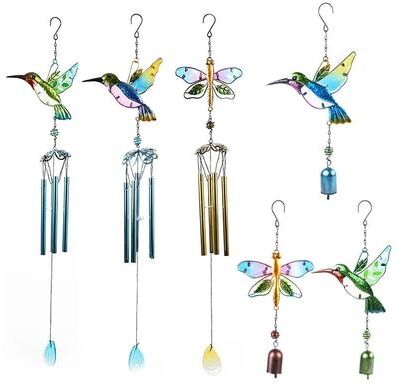 Uplifted Finds Artisanal Painted Glass & Metal Wind Chime   Hummingbird & Dragonfly Hanging Pendants j