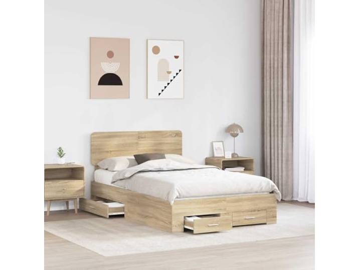 SKTQYQO Bettgestell Eiche Sonoma 135 x 190 cm Technisches Holz, Schubladen, Lattenrost, modernes Design, einfache Montage