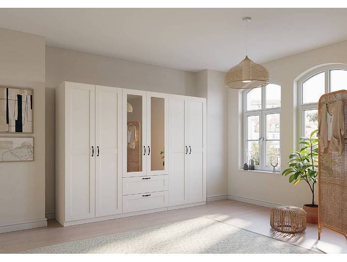 Drehtürenschrank Cottage mit Schubladen 271cm Weiß mit Spiegeltür/-en