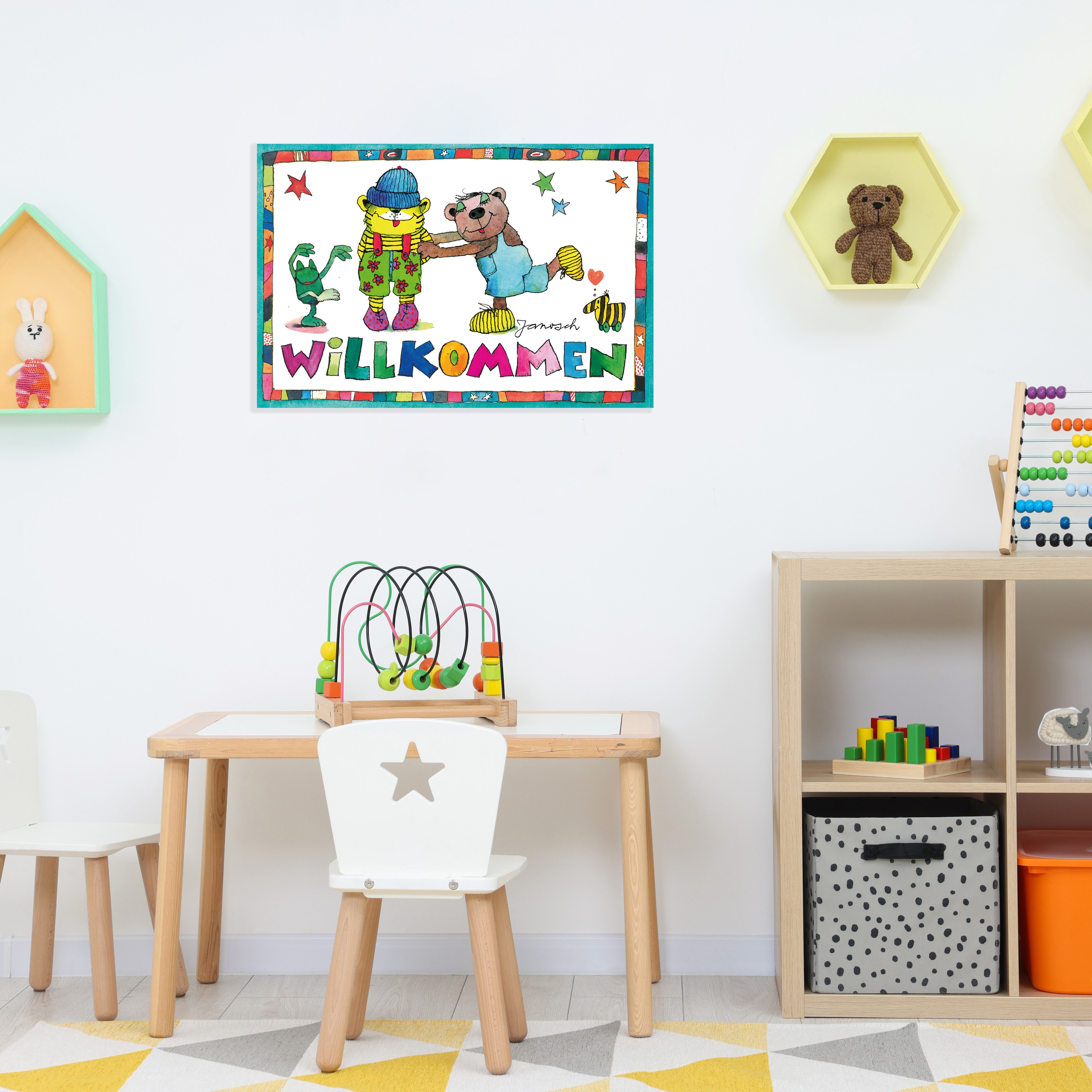 Wanddekoobjekt LUCKYLINDE "Der kleine Tiger und der kleine Bär - Willkommen", bunt, B:30cm H:20cm T:0,3cm, Blech, Wanddekoobjekte, Wanddekoobjekt, Exklusive JANOSCH Kindermotive, Stahlschild bunt B/H/T: 30cm x 20cm x 0,3cm, Bär Kindermotiv Sonne Spruch Ti