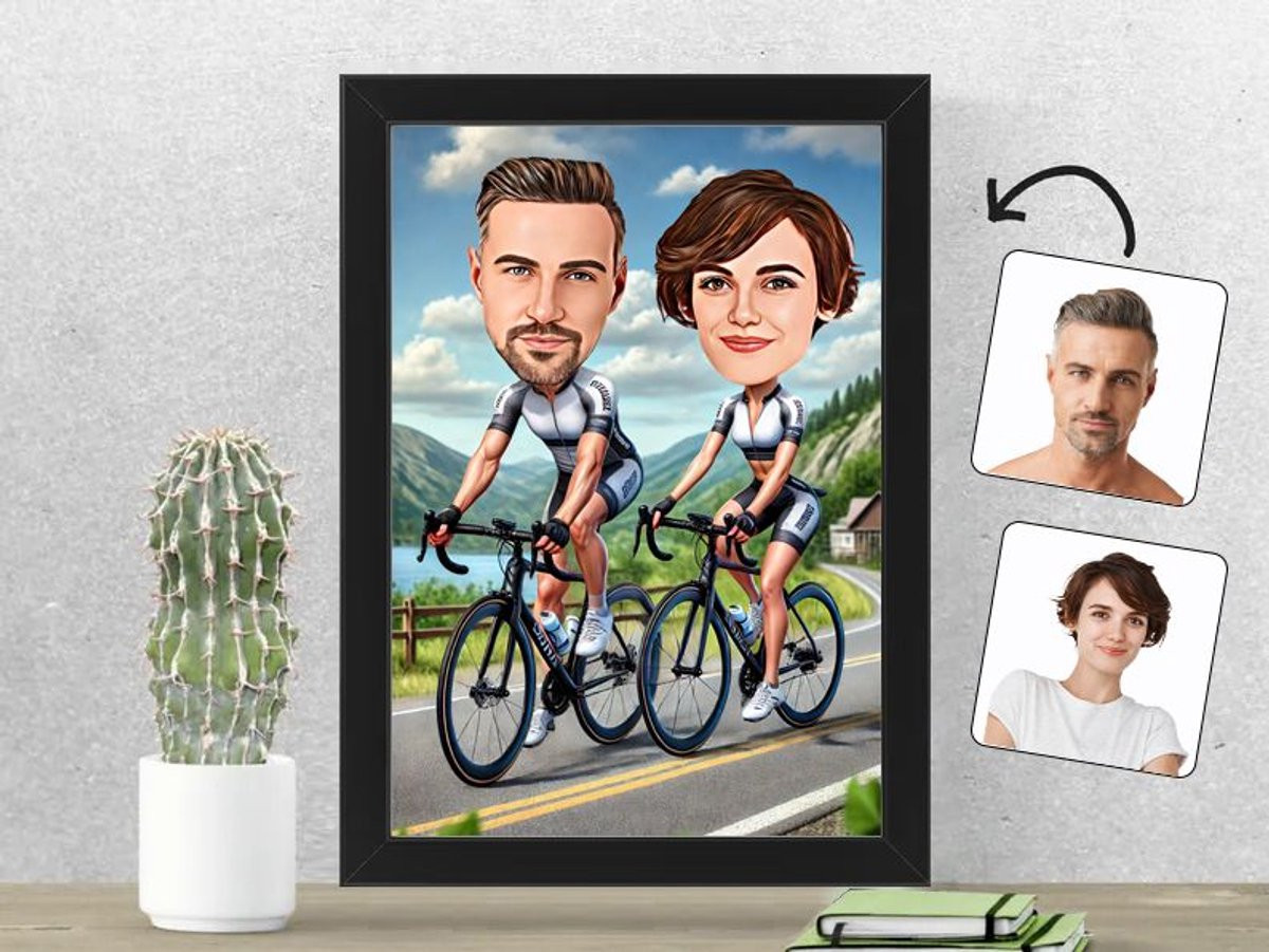 Gepersonaliseerde Karikatuur Fotolijst Fietsend Stel - 21 x 30 cm