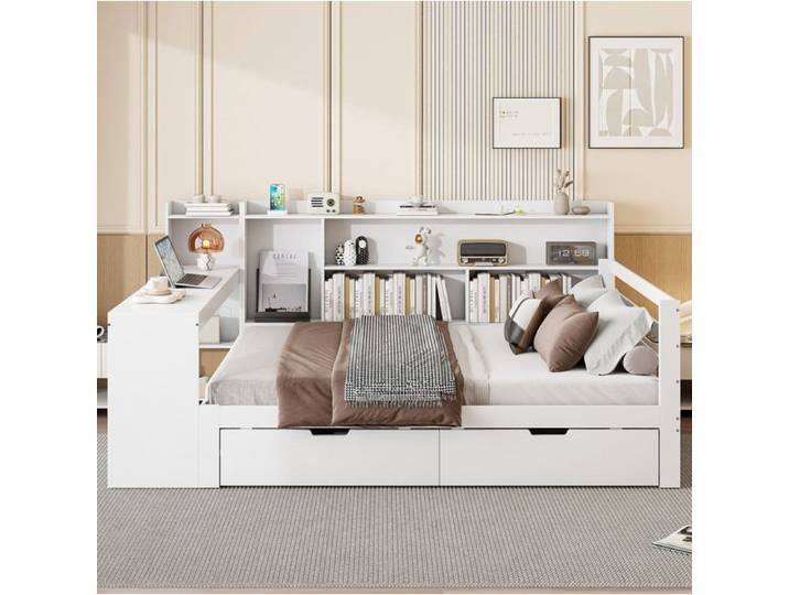 VUENOR Lit combiné 140x200 cm blanc – bureau rangements et USB sans matelas