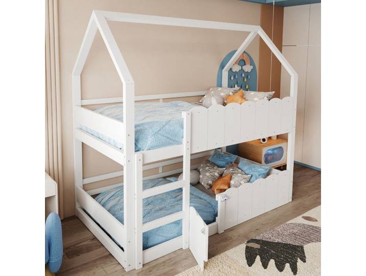 Lit superposé enfant 90x200cm - MODERNLUXE - Design maison - Barrières de sécurité - Blanc(sans matelas)