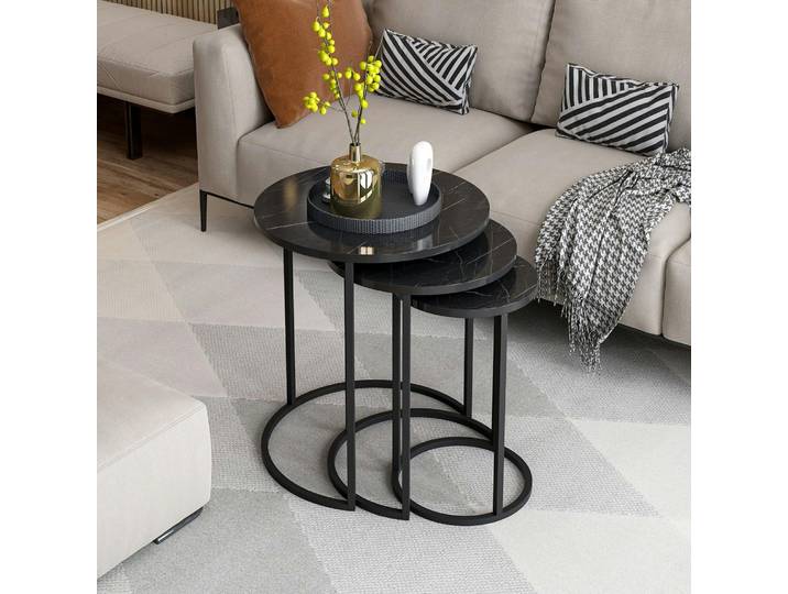 Bout de canapé rond effet marbre noir (lot de 3) JENA