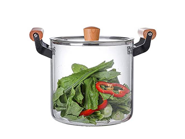 Beheizbare Glastopf zum Kochen mit Holzgriff, Transparenter Glas-Suppentopf für Zuhause Küche Restaurant,5.5l