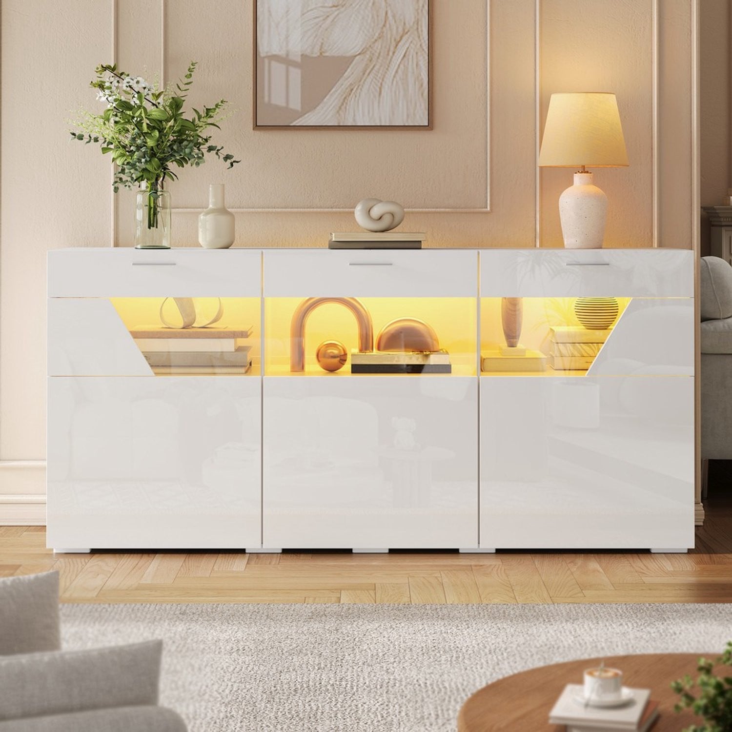 Pugsdrly Sideboard met LED-verlichting en glazen deuren, modern dressoir met hoogglansafwerking en app-bediening
