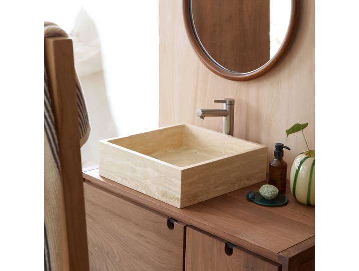 Waschbecken aus Travertin quadratisch 41 x 41 cm - Beige - Travertine