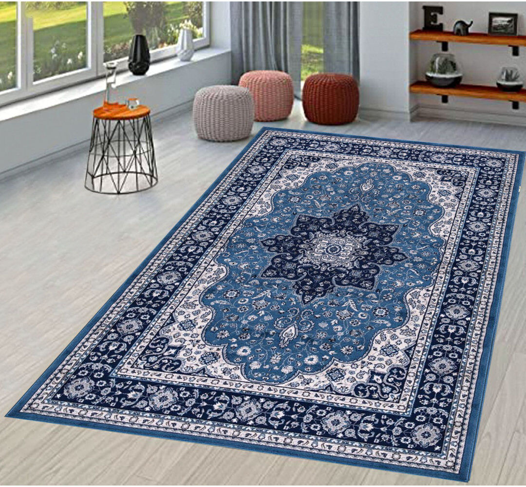 Marlow Home Co. Grigor Solid Colour Area Rug Blue/Grey Round 120cm