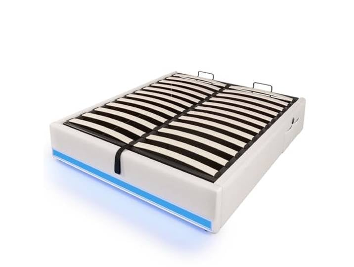 SOFTWEARY Futonbett mit LED-Beleuchtung, Aufbewahrung und Mehrfachsteckdose, Doppelbett, Stauraumbett ohne Kopfteil, Leinen (beige, 140x200 cm)