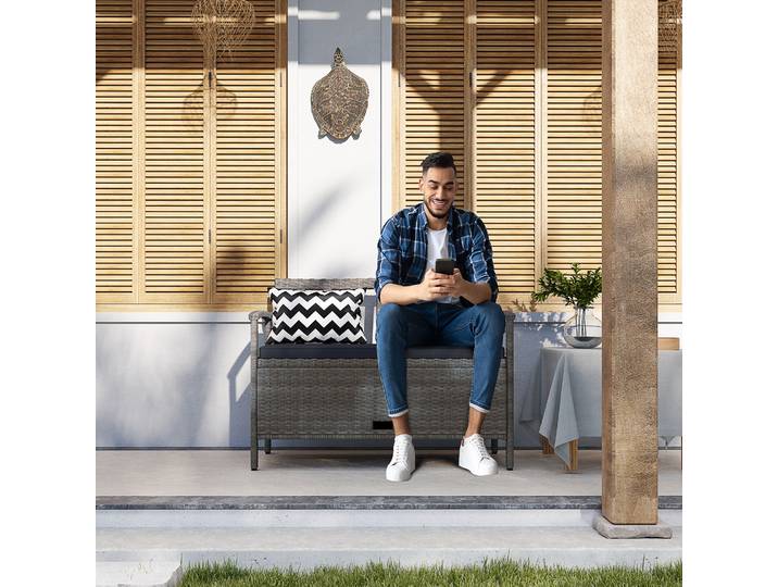 Outsunny Banc Extérieur 2 Places Rotin PE avec Rangement 160L Gris