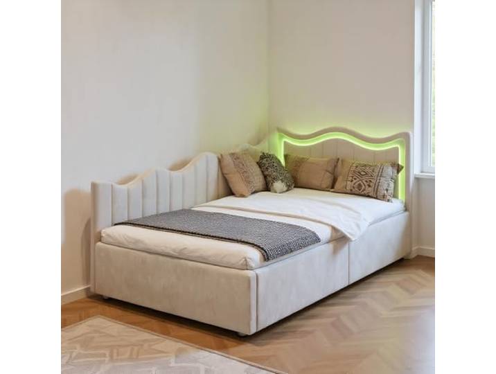 Polsterbett 90x200 mit LED-Beleuchtung, Kinderbett 90x200 mit Hydraulischer Stauraum, Schlafsofa Einzelbett Bettgestell mit Lattenrost, Jugendbett Daybett Gästebett, Samt,Ohne Matratze