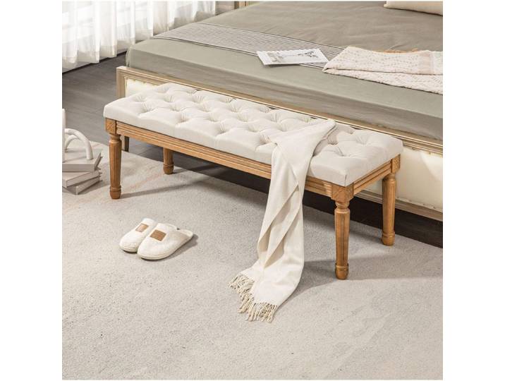 Banc rembourré style français banc de lit capitonné en polyester blanc crème 120 x 41 x 48 cm