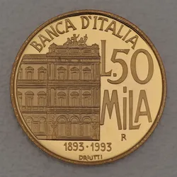 Goldmünze "50000 Lire" 1993 100 Jahre Bank von Italien (Italien)