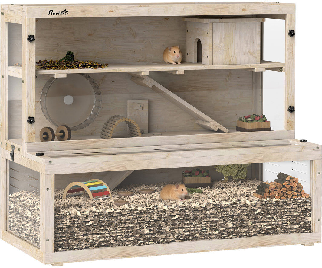 PawHut 3 Tier Wooden Hamster Cage with Hut Wheel Ramps 100 x 50 x 84 cm Natural wood finish 84cm H X 100cm W X 50cm D
