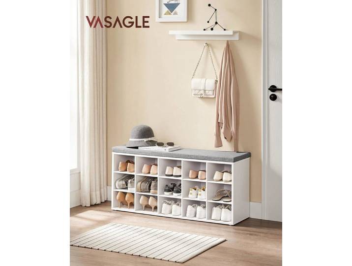 VASAGLE Banc à Chaussures Organiseur de Chaussures avec 15 Compartiments Siège Rembourré Blanc Nuage et Gris Tourterelle