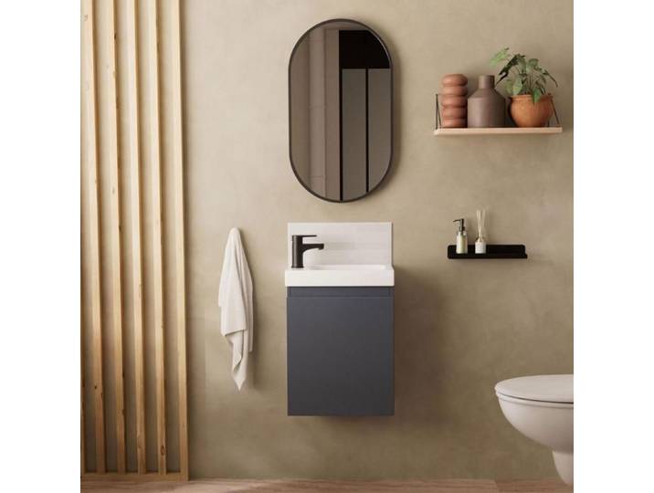 Meuble lave-mains LISA + robinet noir + miroir ovale