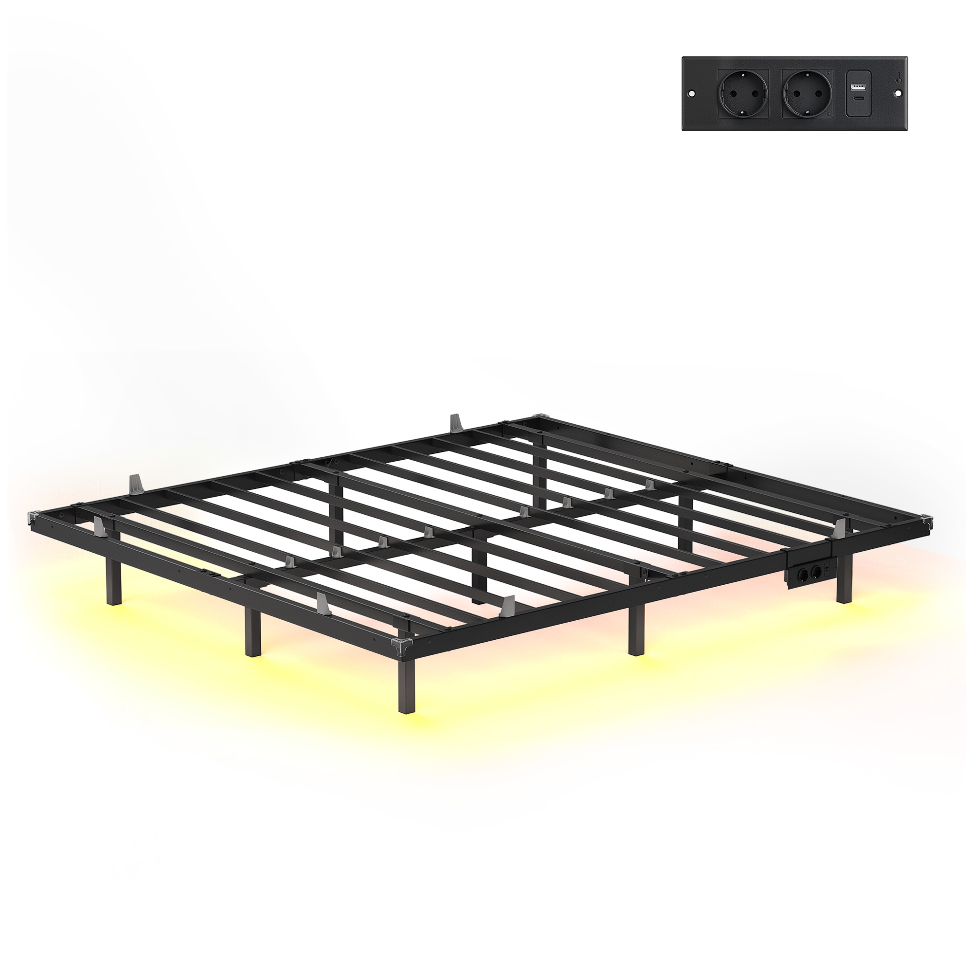VASAGLE Bettgestell 180 x 200 cm mit LED-Beleuchtung, USB-C-Anschluss, Steckdosenleiste RMBB35178B101