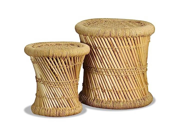 Hocker, 2 Stück, aus Bambus und Jute, Natur, für drinnen und draußen Rustikales Webdesign, natürlicher Jutesitz, stapelbar, wetterfest, vielseitig einsetzbar
