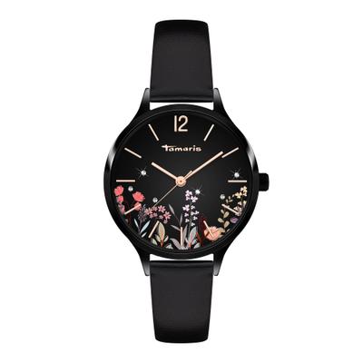 Quarzuhr TAMARIS "Romantic Flowers", schwarz (schwarz, schwarz), Armbanduhren, Damen, schwarz, Quarzuhr, Armbanduhr, Damenuhr, Lederarmband, analog, Zirkonia (synth.)