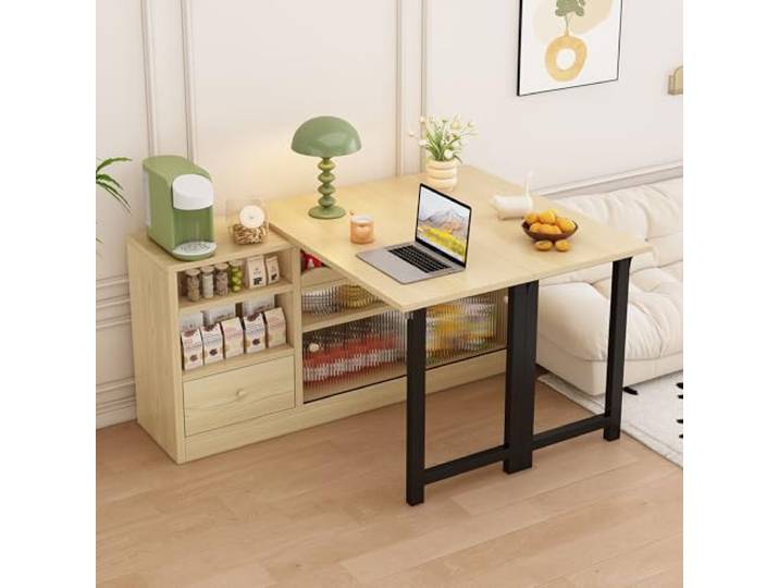 Ausziehbarer Klapp-Esstisch Mit Stauraum, 360° Drehbar, Moderner Faltbarer Tisch Mit Sideboard, Raumteilerschrank Und Große Aufbewahrung, Platzsparendes Design Für Alle Wohnstile (Natur+Schwarz)