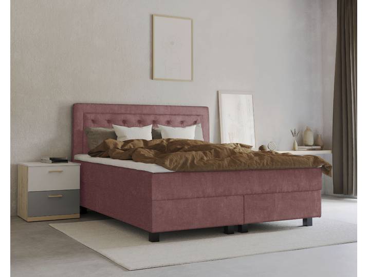 Boxspringbett, 180x200 cm, Polyester, Rosé, Inkl. Topper & Taschen-Federkern, Modern