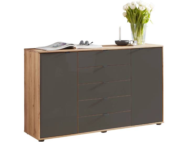 Kombikommode WIEMANN Cardiff Sideboard, Wäscheschrank, teilmassiv Bianco-Eiche, Schubladen , braun, Bianco-Eiche,Front Glasmocca, Eiche, Sideboards, Kombikommode, verschiedenen Ausführungen, inklusive Einlegeböden