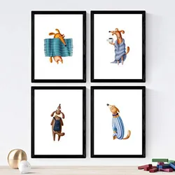 POSTER Set mit 4 lustiger Hunde A4 Schwarzer Rahmen