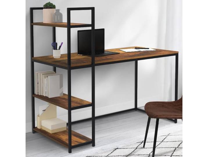 IDMARKET Bureau bibliothèque HAWKINS plateau bois foncé design industriel