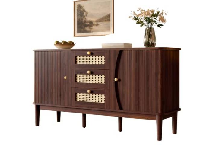 I0I&I0I Sideboard mit Rattanfronten, Schiebetüren und verstellbaren Einlegeböden, 141 cm (Natural + MDF)