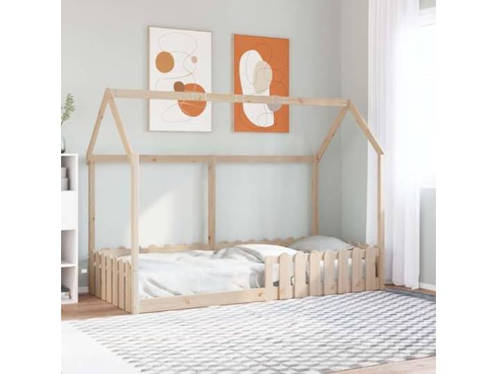 Massives Kiefernholz Hausbett Spielzeugfreundlich 90x190 cm Braun Kinderbett Hausbett 90x190 cm Massivholz Kiefer Bettrahmen mit Dach und Seitenstäben Niedriges Bodenbett Kindersicher DIY