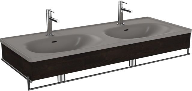 VitrA Equal Doppelmöbelwaschtisch-Set 66065 132,5x52cm, Möbelwaschtisch asymmetrisch, steingrau matt, mit Holzblende ulme