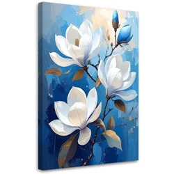 LEINWANDBILD, Weiße Magnolien auf blauem Hintergrund in einem eleganten Stil
