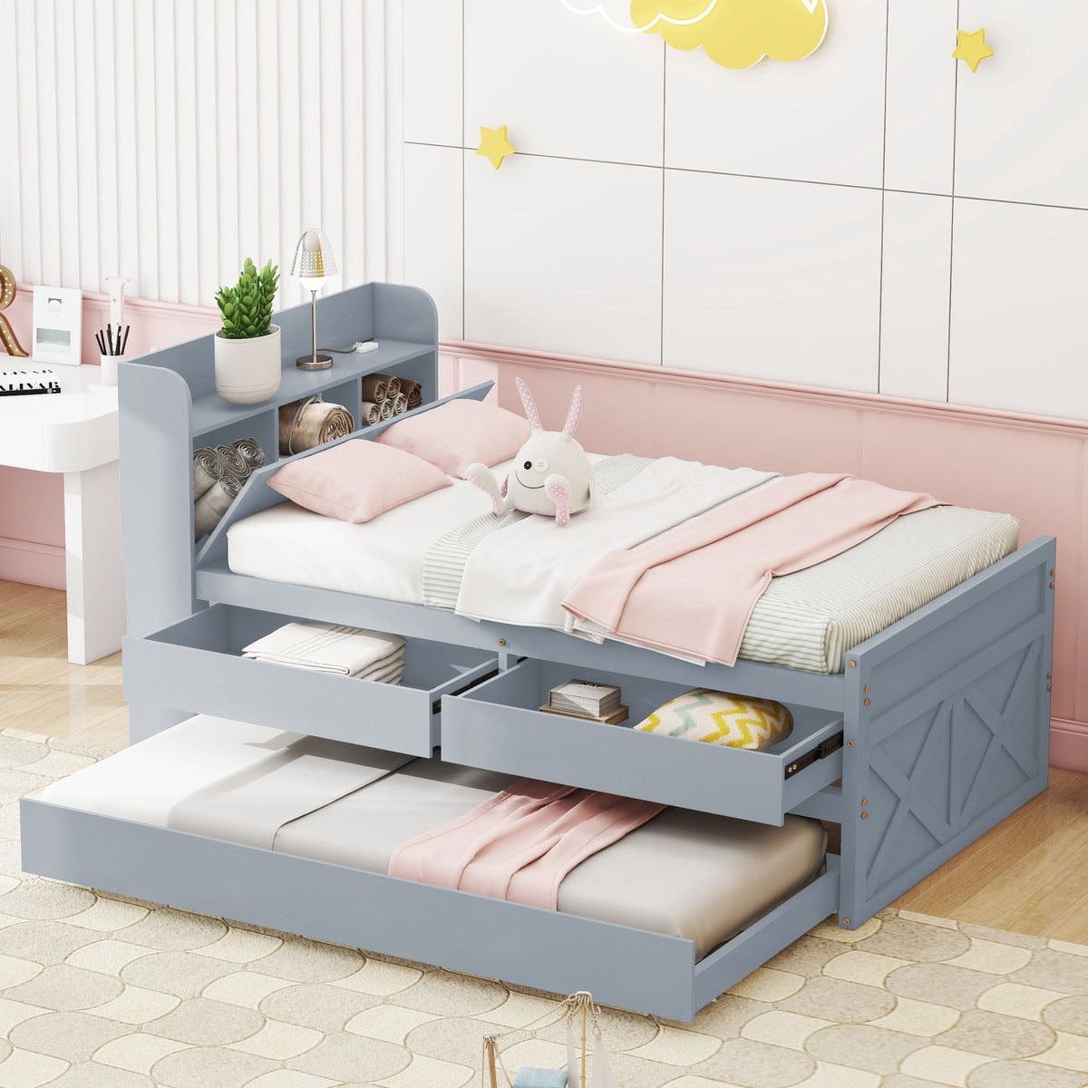 Sweiko Eenpersoonsbed van Massief Grenenhout met Lades en USB-aansluiting, Grijs, 90 x 190 cm