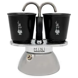 Bialetti Mini Express - Espressokocher-Set (Induktion) - silber + 2 Becher in schwarz
