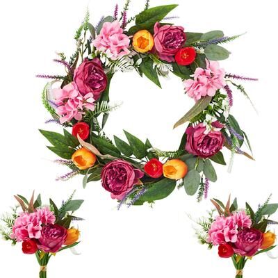 Garvee "Spring Wreaths for Front Door Set, 24"" Artificial Spring Summer Wreath with 2 Matching Flower Bouquets"
