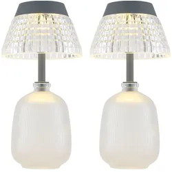 Solarlampe Tischleuchte Außenlampe klar Akku Glas LED Gartenlampe Balkonlampe, Acryl, Glas, LED 3000K warmweiß, DxH 13,5x27 cm, 2er Set