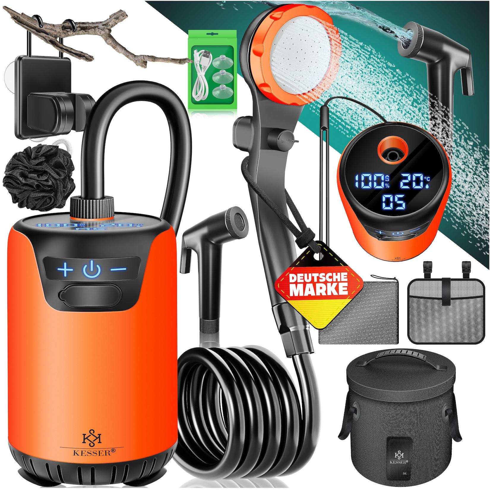 KESSER® Campingdusche Solardusche mit Pumpe & wiederaufladbarem Akku 8000mAh Mobile Dusche Camping Dusche Set inkl. einstellbarem Duschkopf, 2m Schlauch, Sprühpistole & Halterung