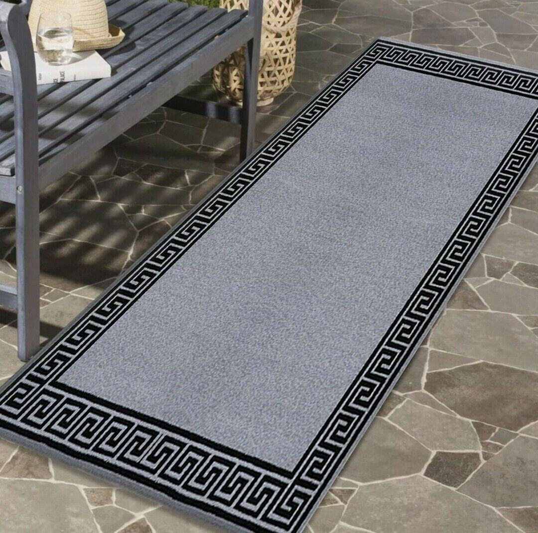 Canora Grey Plain Rug with Greek key Bordered Gel backed Rug Allissia Grey/Black Rug Rectangle 80 x 300cm