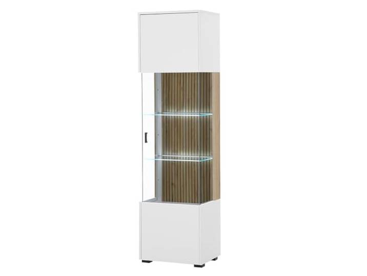 Lomadox Vitrine Standvitrine Vitrinenschrank Glasböden weiß matt Eiche Rillen gerillt modern 48,5x180x38 cm