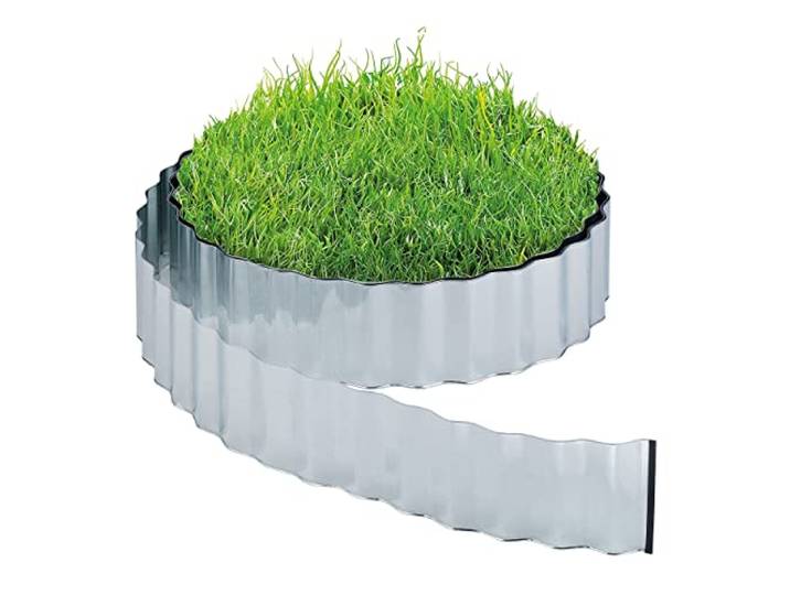 Relaxdays borderrand metaal, gazon kantopsluiting 12 meter, perkrand, perk en gazon, flexibel, 16 cm hoog, zilver