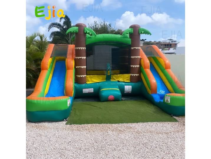 Maison gonflable gonflable en PVC de 5m, double glissière d'eau tropicale, maison gonflable pour diabétique sec, château gonflable pour la location de fête en plein air