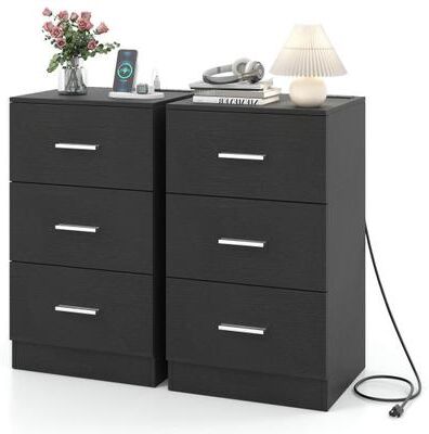 Costway Set of 2 Nightstand with Charging Station End Table with 3 Storage Drawers Bedside Table for Bedroom-Black