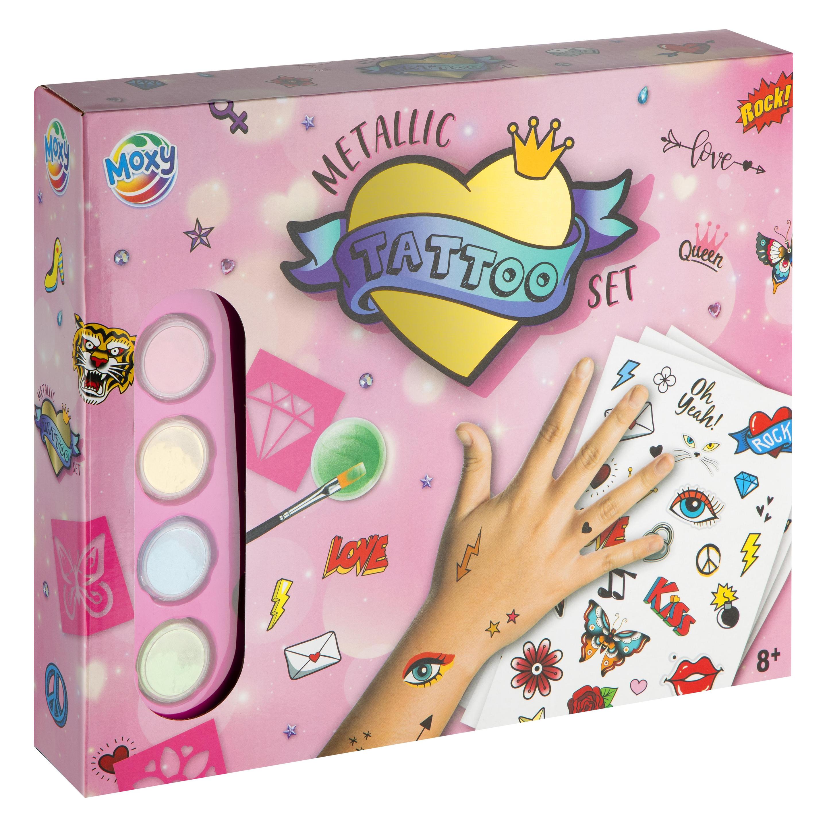 Grafix Metallic Tattoo Set Inkl. Schablonen, Metallic Tattoos, Steine, Kleber, Pinsel (230012)