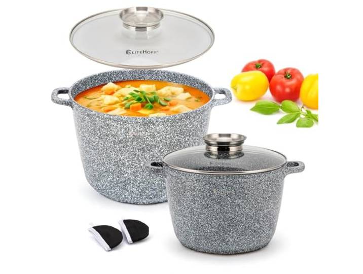 EliteHoff Kochtopf, 2er-Set Suppentopf aus Aluminiumguss mit Antihaftbeschichtung 24/28 cm (6,5L und 10,2L), Induktionstopf mit Glasdeckel, Für alle Herdarten inkl. Induktion, Gas, Elektro (Grau)