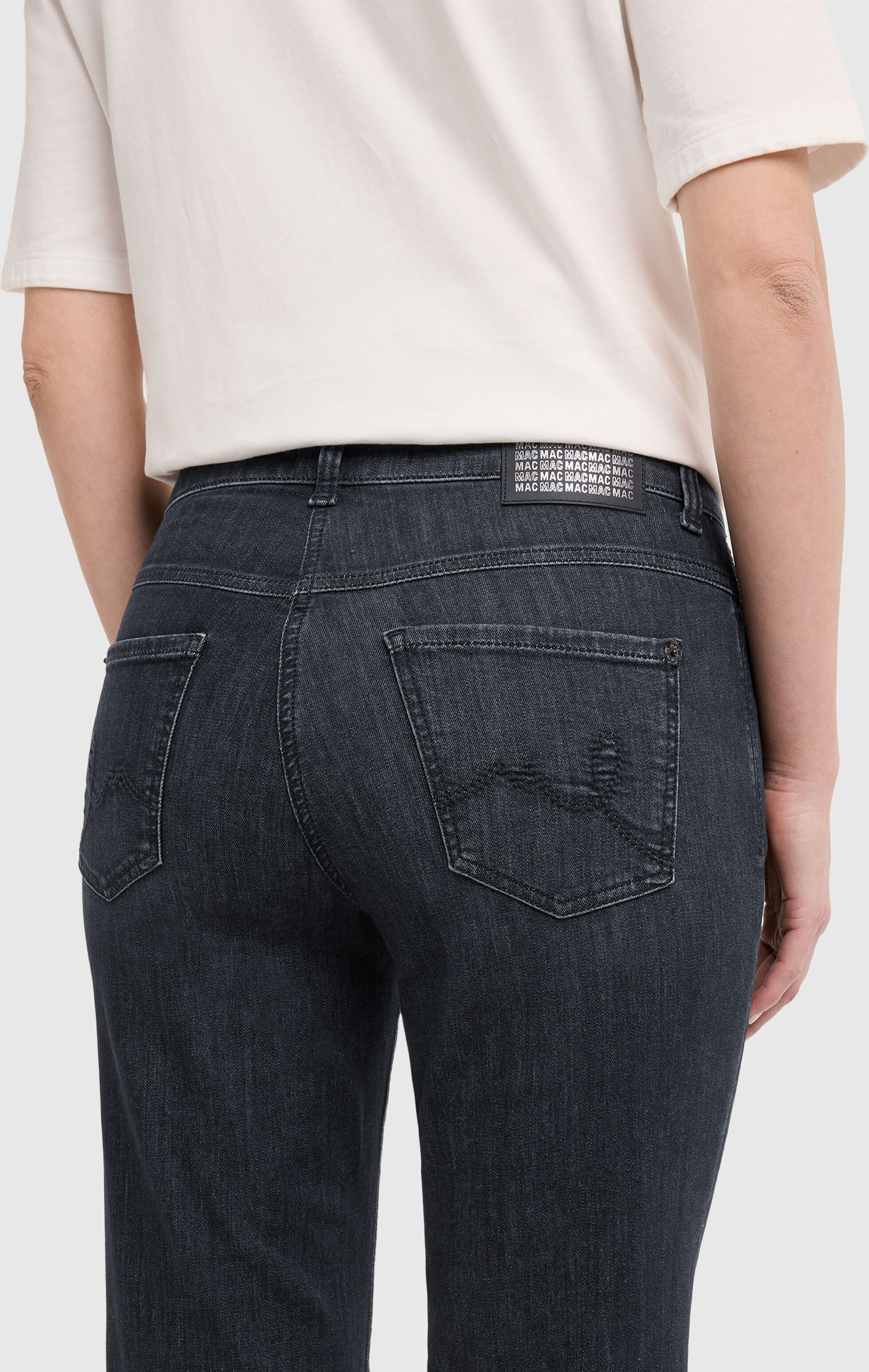 Bootcut-Jeans MAC, Damen, Gr. 36, Länge 34, blau (commercial), Denim/Jeans, Obermaterial: 92% Baumwolle, 6% Elastomultiester, 2% Elasthan, bootcut fit lang, Jeans Bootcut-Jeans, Verzierung an den Vordertaschen commercial 36, Länge 34
