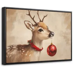 LEINWAND Bilder mit Rahmen - Weihnachten - Hirsch - Geweih - Weihnachtskugel - Rentier - 30x20