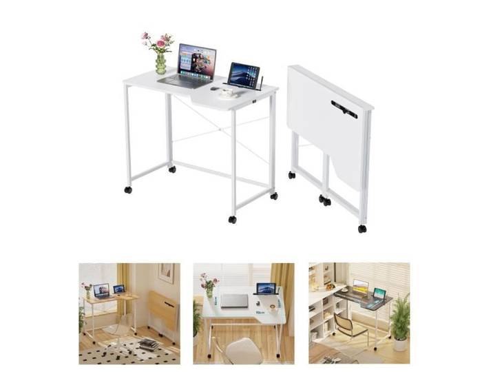 Blanc Bureau d'ordinateur avec fente de tablette Table d'appoint pliable 90° avec Roulettes rotatif 90x56x75cm de salon chambre
