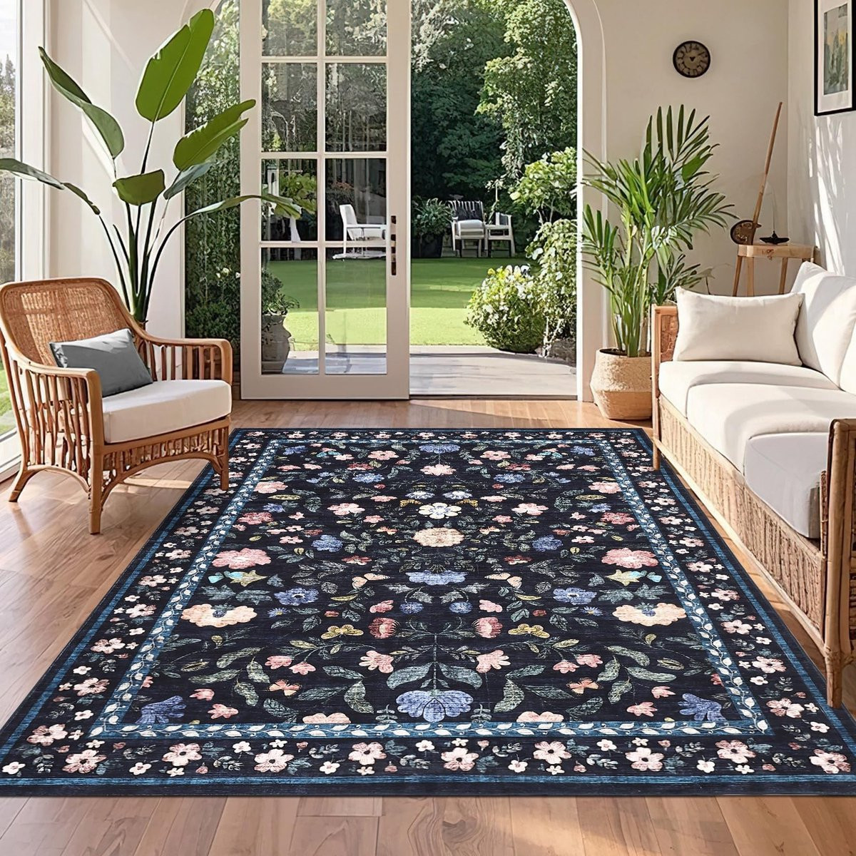 Merkloos Bloemen Vloerkleed met Faux Fur - Rechthoekig - Floral