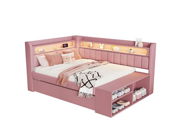 Komhtom Polsterbett 90x200cm, inklusive Schuhschrank und zwei Schubladen, Rosa, Pink, Holz, Mode, 90x200 cm, Schlafzimmer, Betten, Polsterbetten
