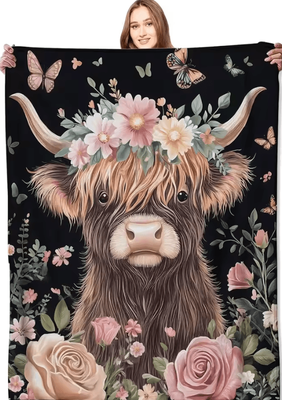 Inspire Curations Highland Cow Floral Flannel Fleece Throw Blanket 150x200cm